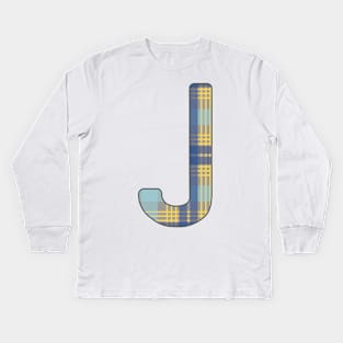 Monogram Letter J, Blue, Yellow and Grey Scottish Tartan Style Typography Design Kids Long Sleeve T-Shirt